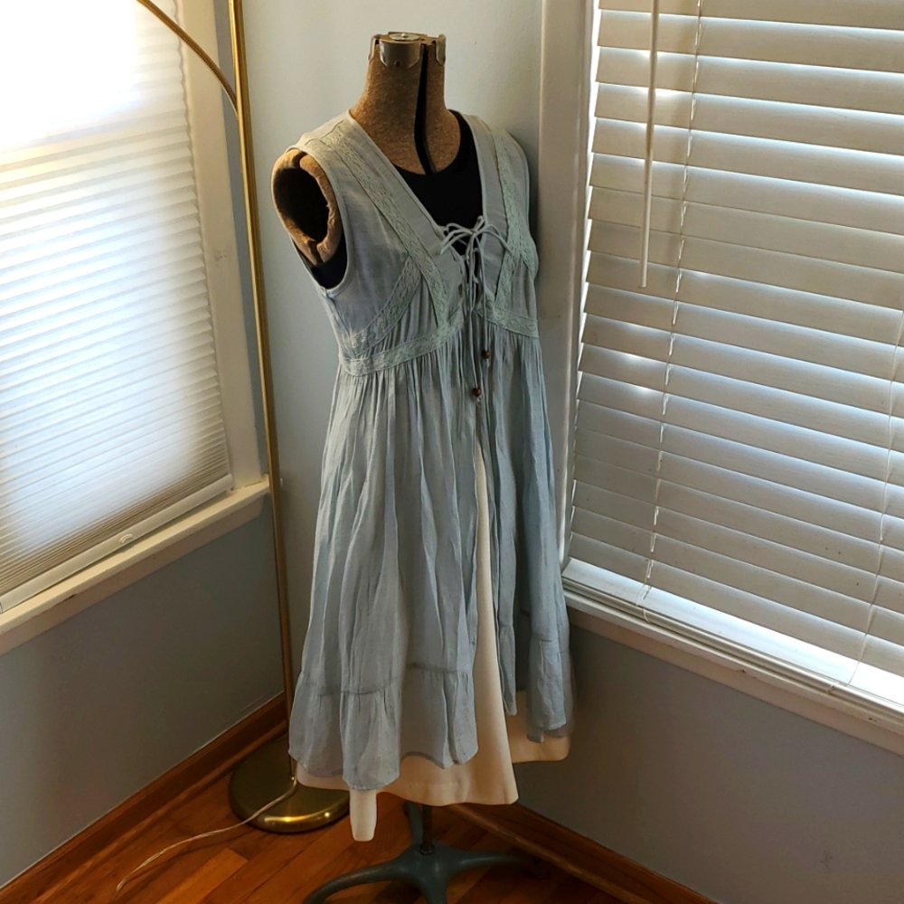 Sheer Blue Sleeveless Dress /vest with Lace Detail